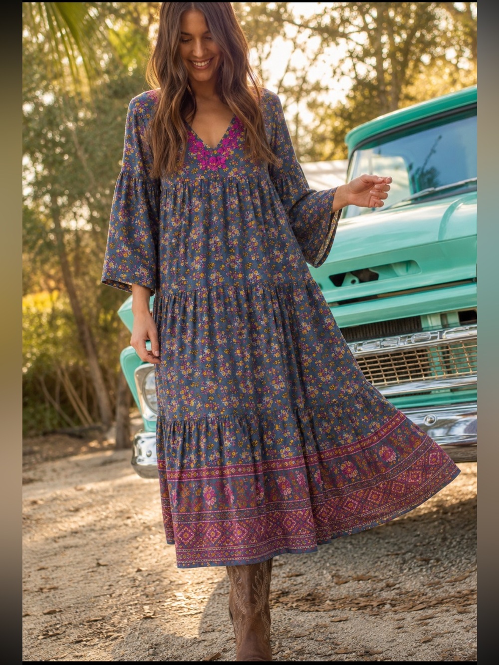 Natural Life Charlotte Harvest Meadow Navy Floral Embroidered Midi Dress L Boho